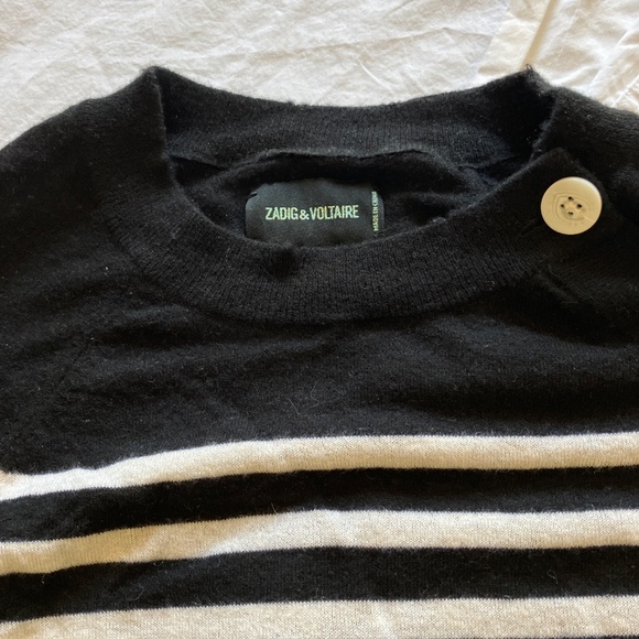 Zadig and Voltaire cashmere Striped Button-rhinestone detail  Sweater. - Picture 7 of 7